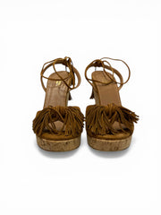 Aquazzura Καφέ Σουέτ Πλατφόρμα Πέδιλα με Κρόσια και Ψάθινη Φτέρνα - Μέγεθος 40