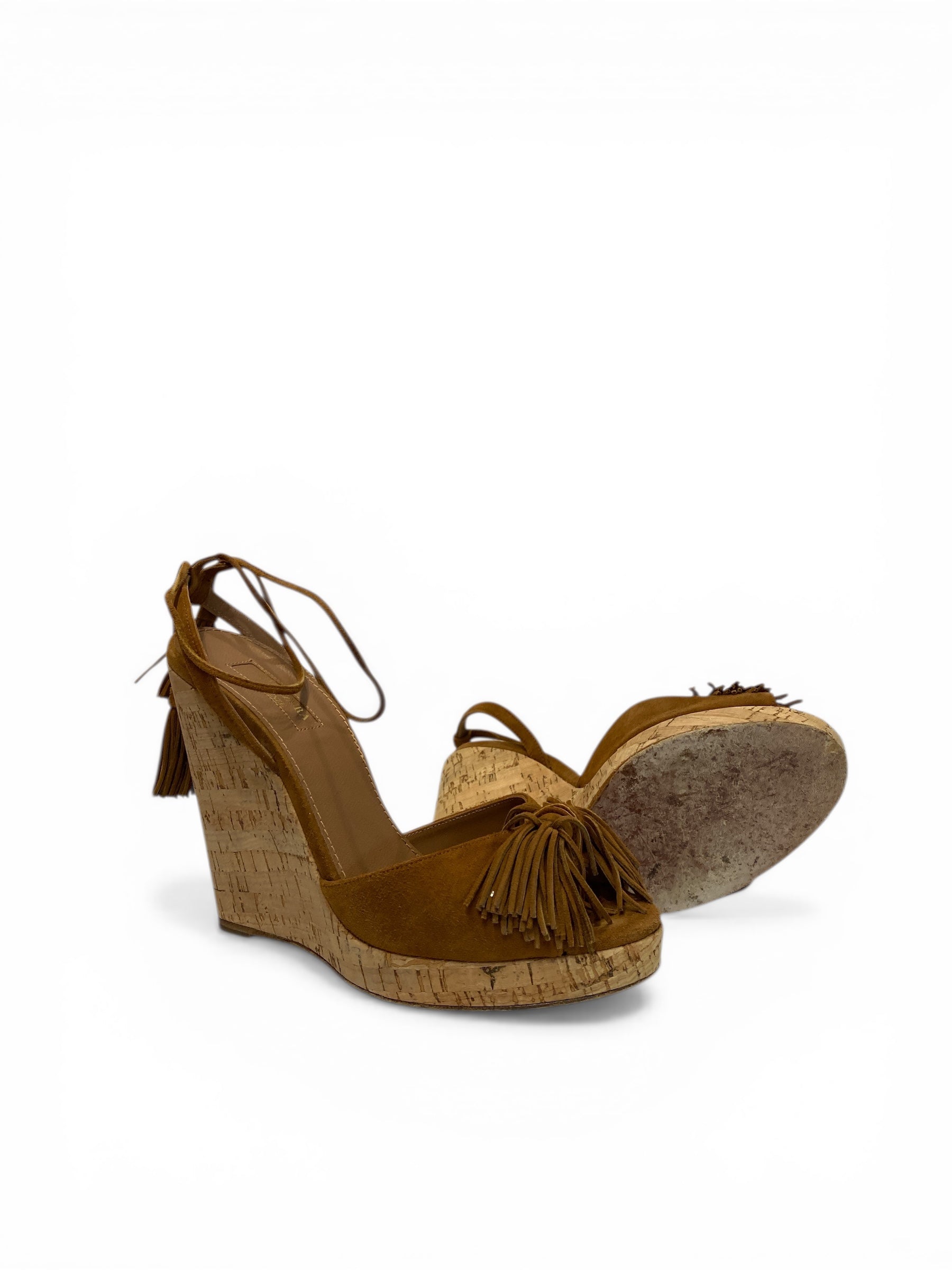 Aquazzura Καφέ Σουέτ Πλατφόρμα Πέδιλα με Κρόσια και Ψάθινη Φτέρνα - Μέγεθος 40