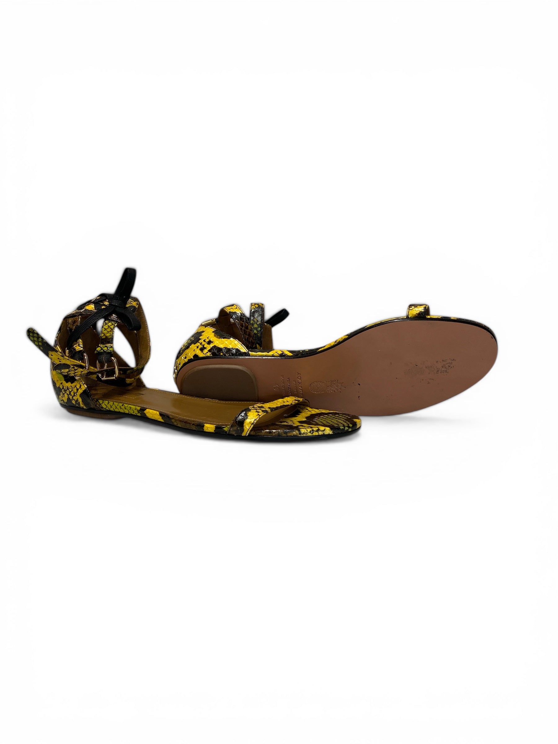 Aquazzura Multicolor Python Ankle Strap Flat Sandals Yellow Black Snakeskin Lace-Up - Μέγεθος 40