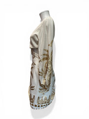 Lace White and Gold Mini Dress Deep V Cut-Out Detail Long Sleeve - Size S