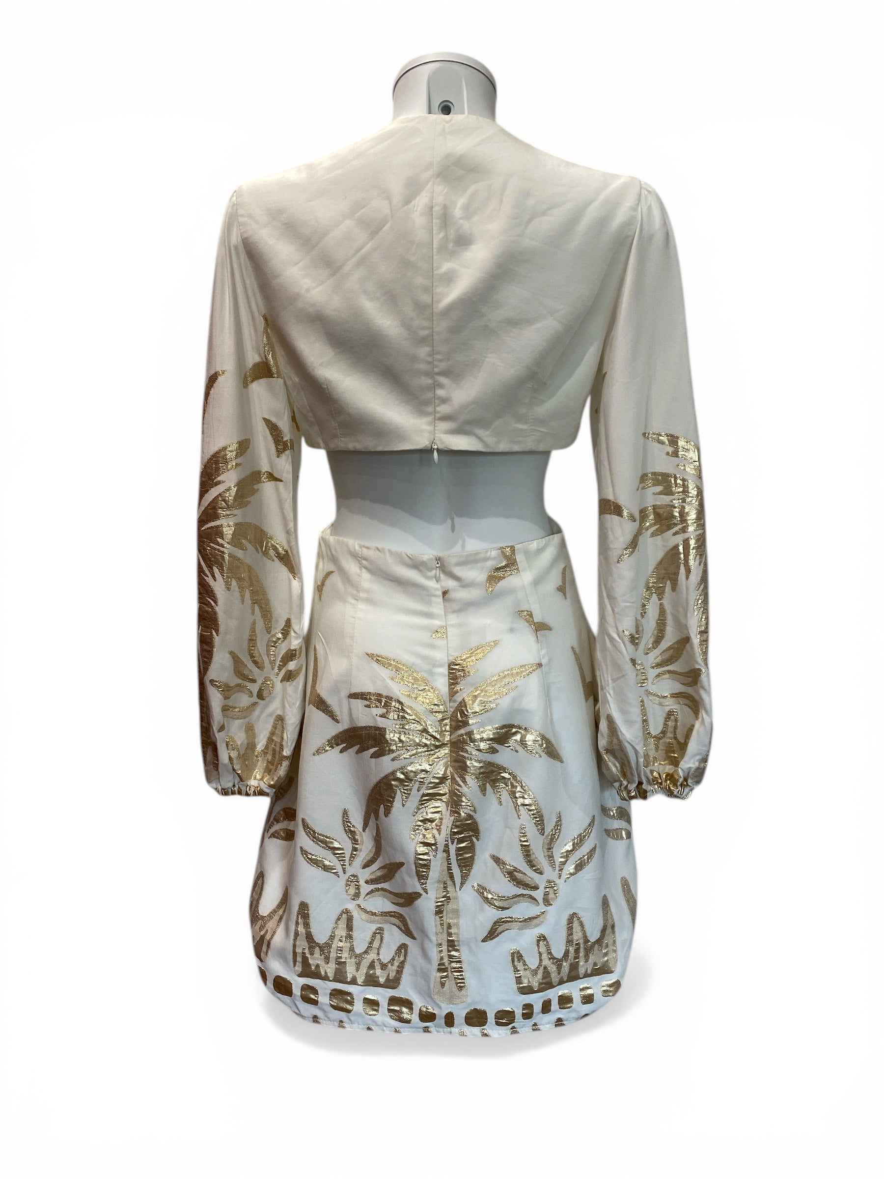 Lace White and Gold Mini Dress Deep V Cut-Out Detail Long Sleeve - Size S