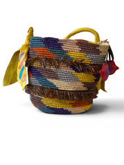 Ibo-Maraca Multicolor Raffia Basket Bag with Yellow Leather Handles