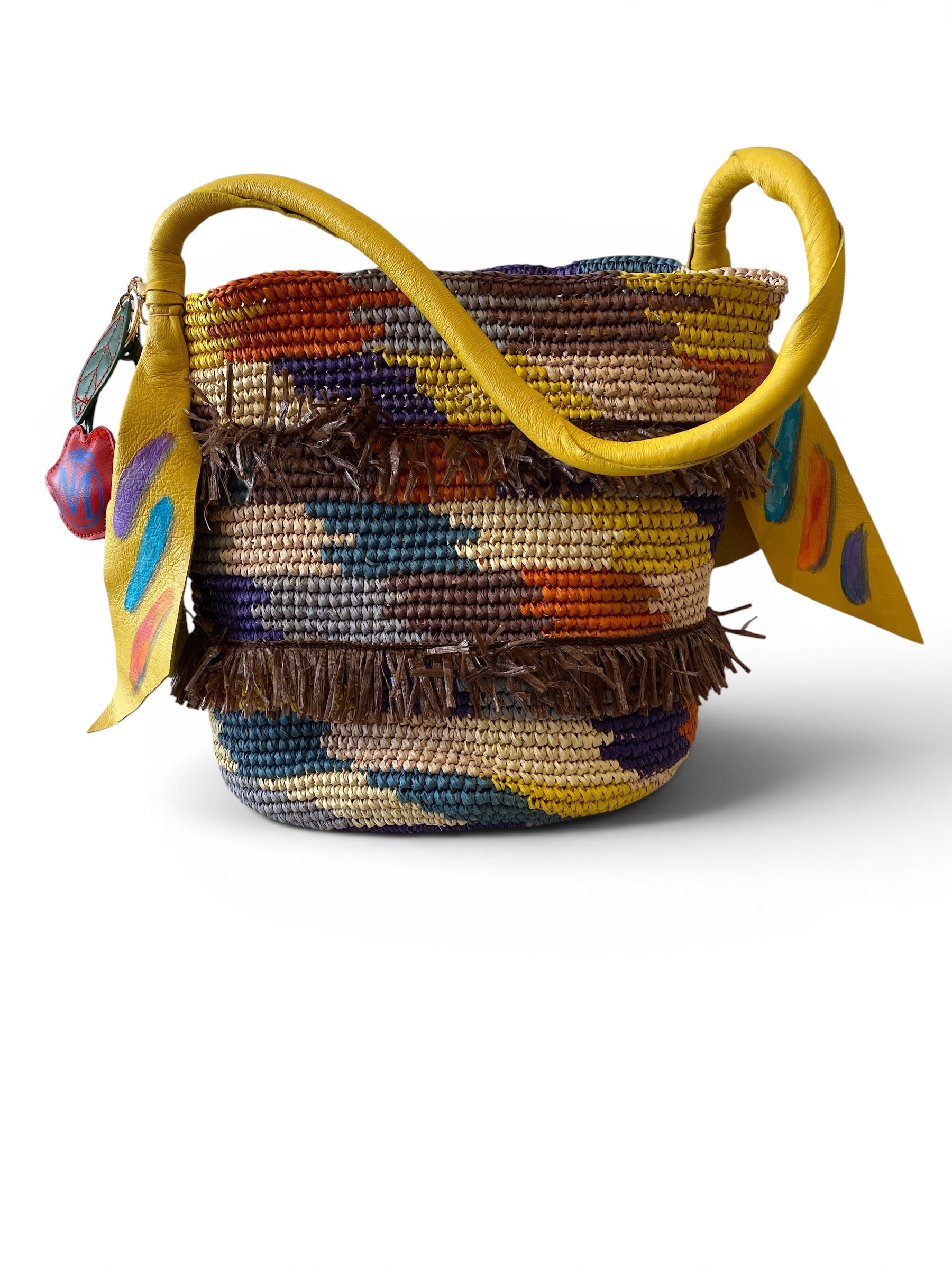 Ibo-Maraca Multicolor Raffia Basket Bag with Yellow Leather Handles