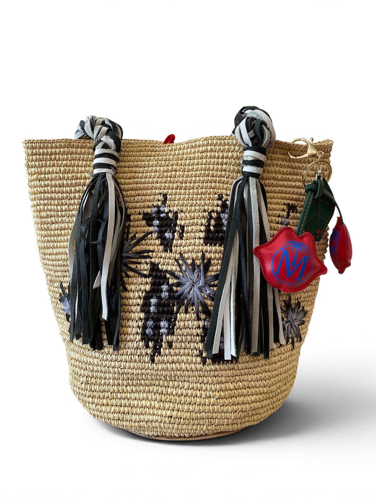 Ibo-Maraca Natural Raffia Basket Bag with Black and White Leather Tassel Handles, Brand New