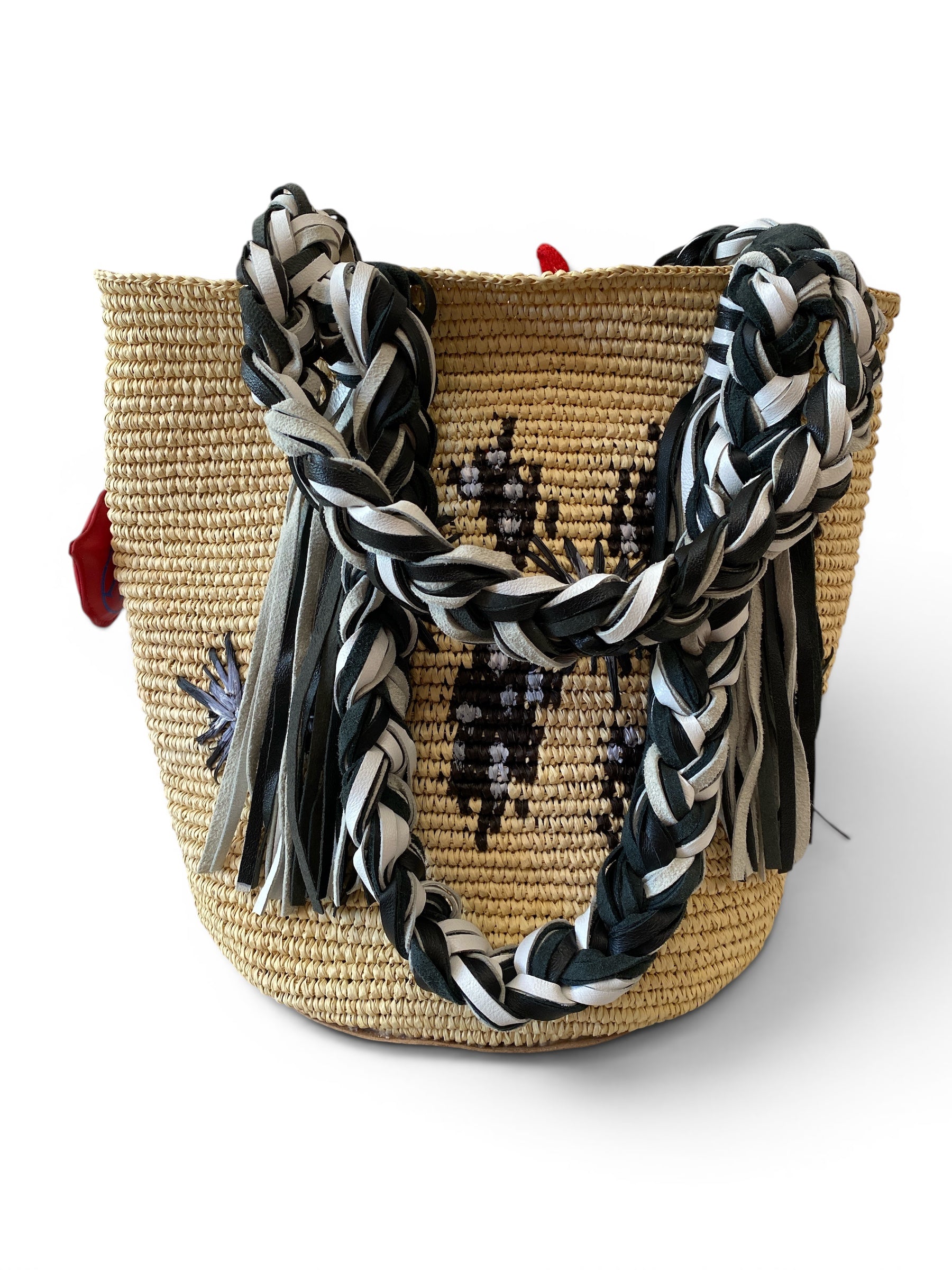 Ibo-Maraca Natural Raffia Basket Bag with Black and White Leather Tassel Handles, Brand New