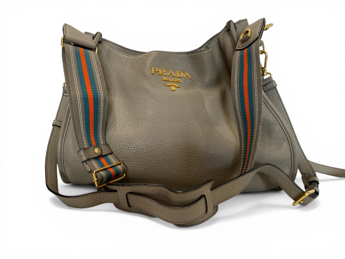 Prada Vitello Daino Double Strap Messenger Hobo bag in Argilla with Dust Bag