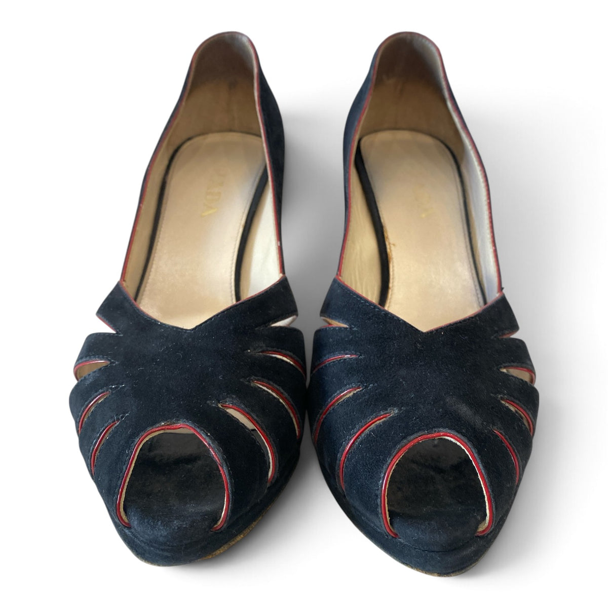 Prada Black Suede Peep-Toe Pumps with Red Trim – Size 38