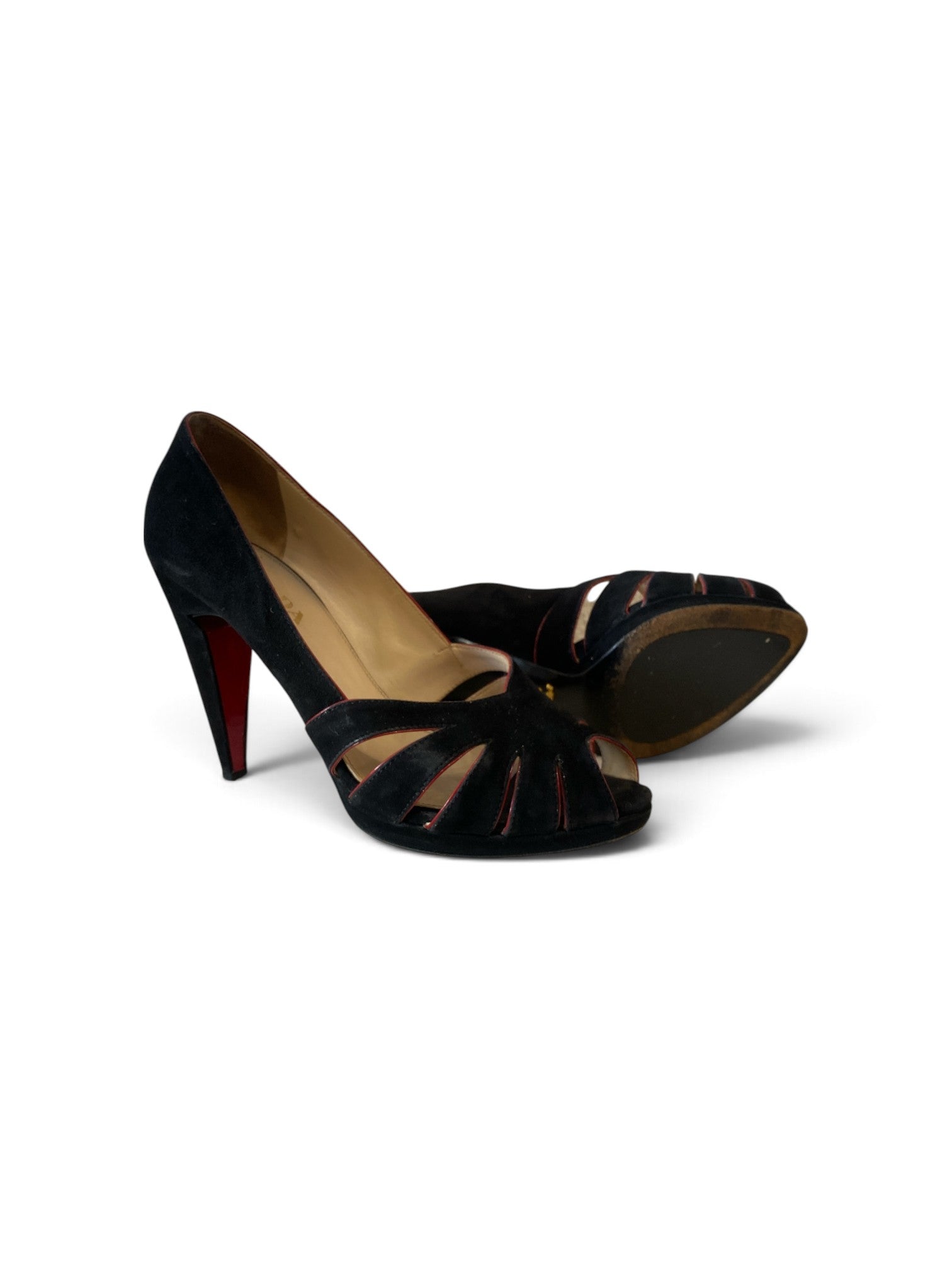 Prada Black Suede Peep-Toe Pumps with Red Trim – Size 38