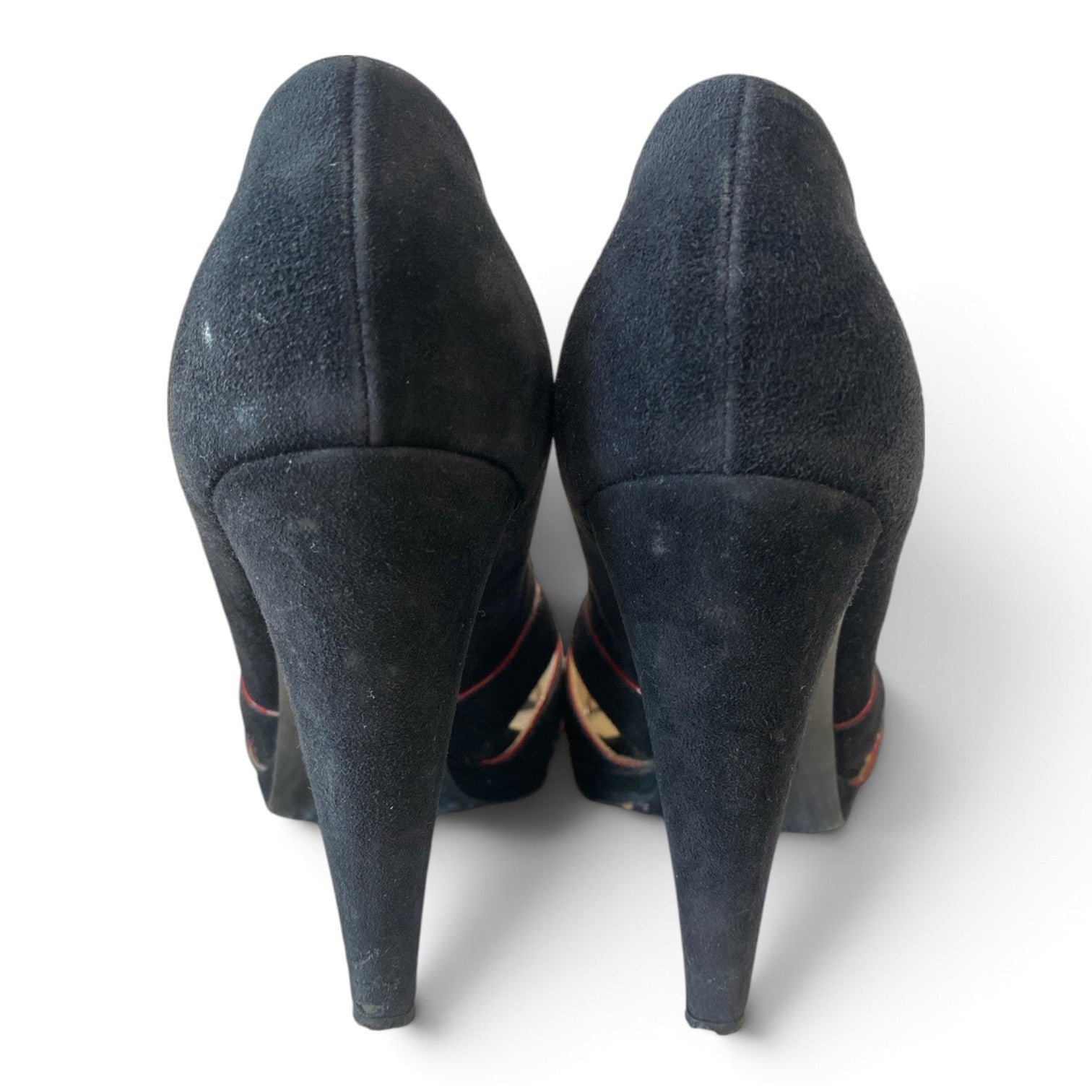 Prada Black Suede Peep-Toe Pumps with Red Trim – Size 38