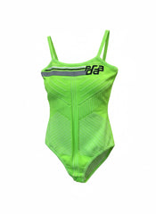 Prada Neon Green Logo Intarsia Tech-Jersey Bodysuit – Fall 2018 Runway Collection – Size IT 42