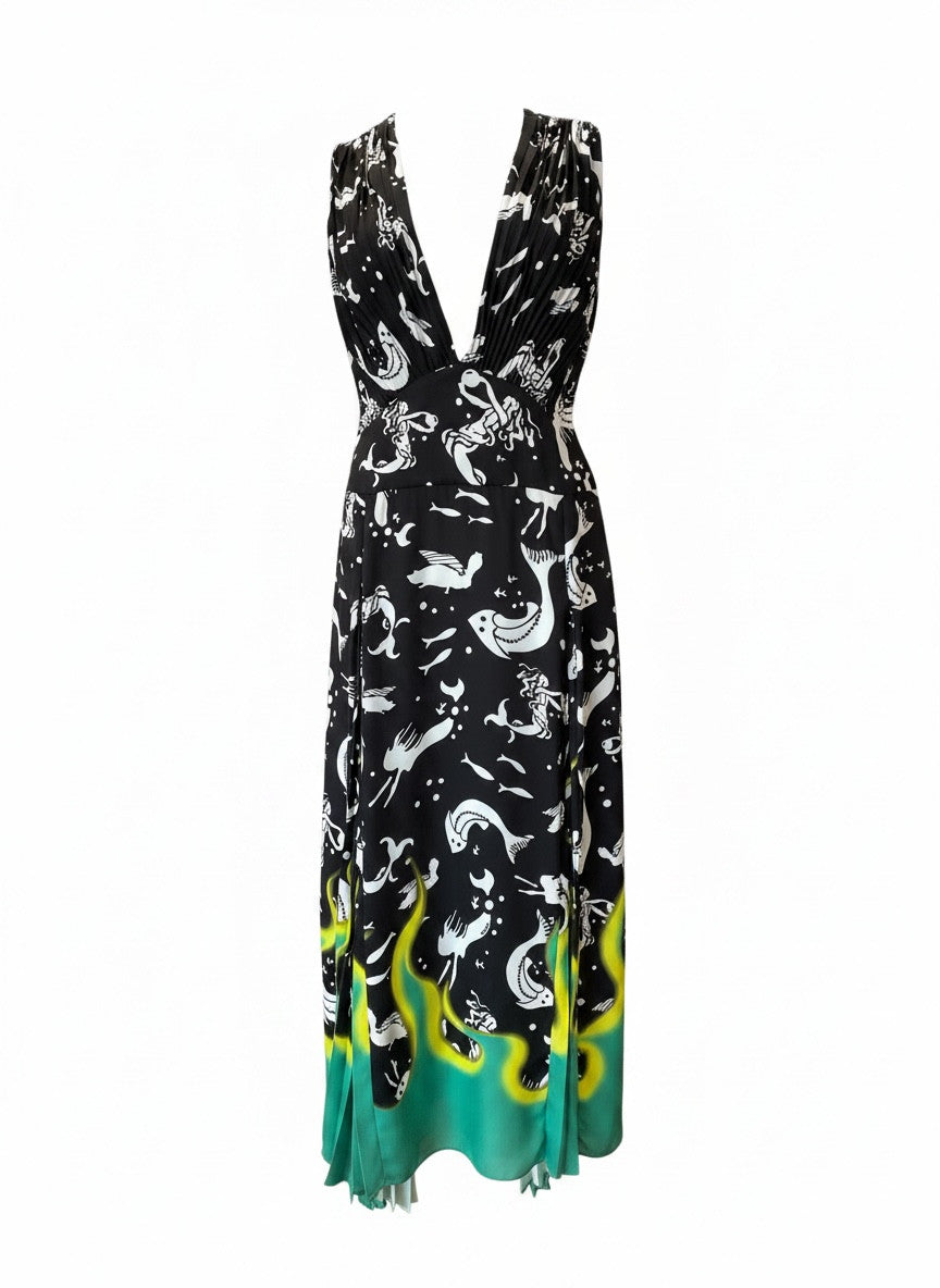 Prada Siren Flame Printed V-Neck Dress – Mermaid & Neon Flame Print Dress – Size IT 44