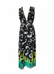 Prada Siren Flame Printed V-Neck Dress – Mermaid & Neon Flame Print Dress – Size IT 44