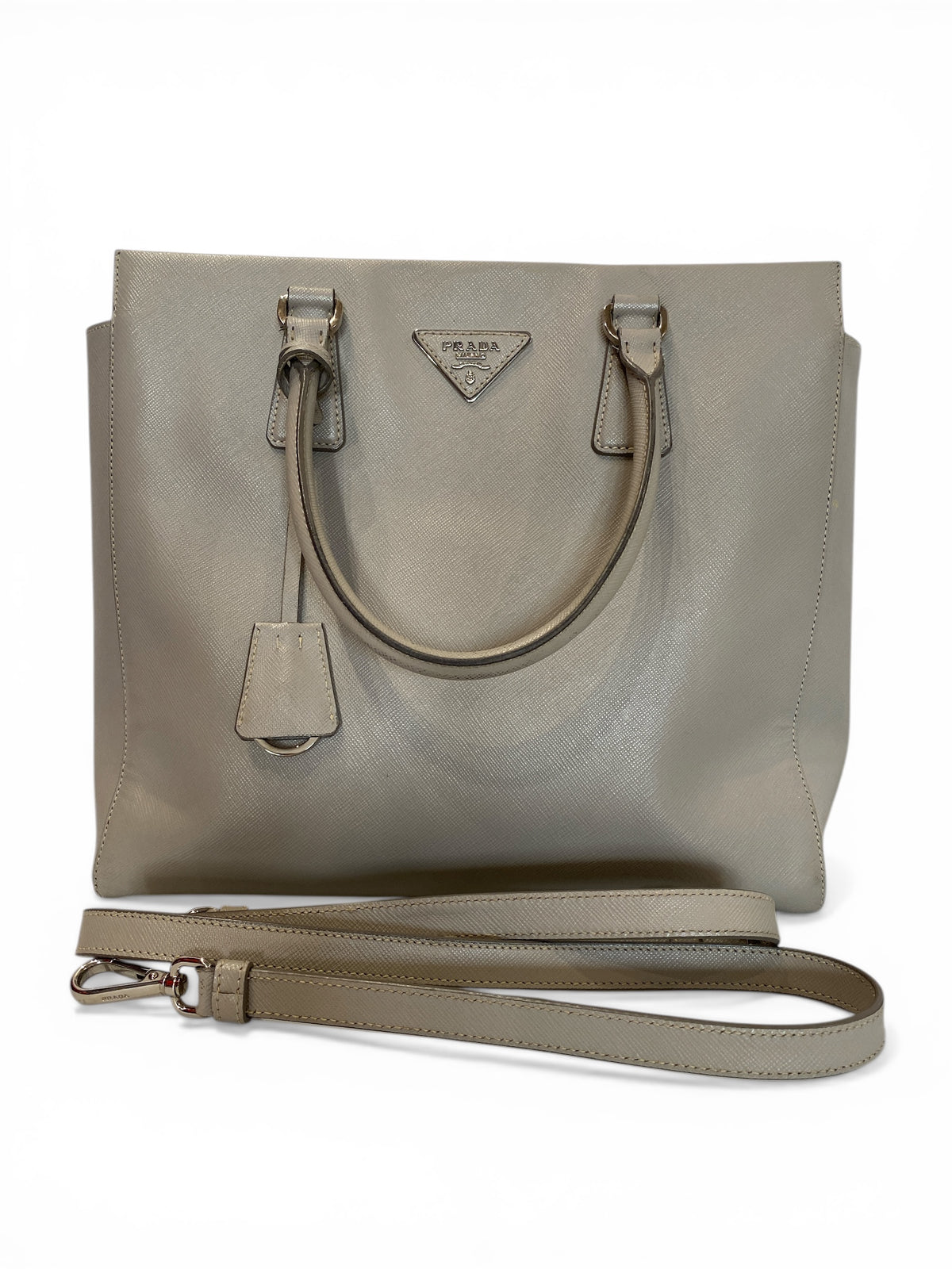 Prada Grey Saffiano Lux Leather Tote with Extra Strap and Dust Bag