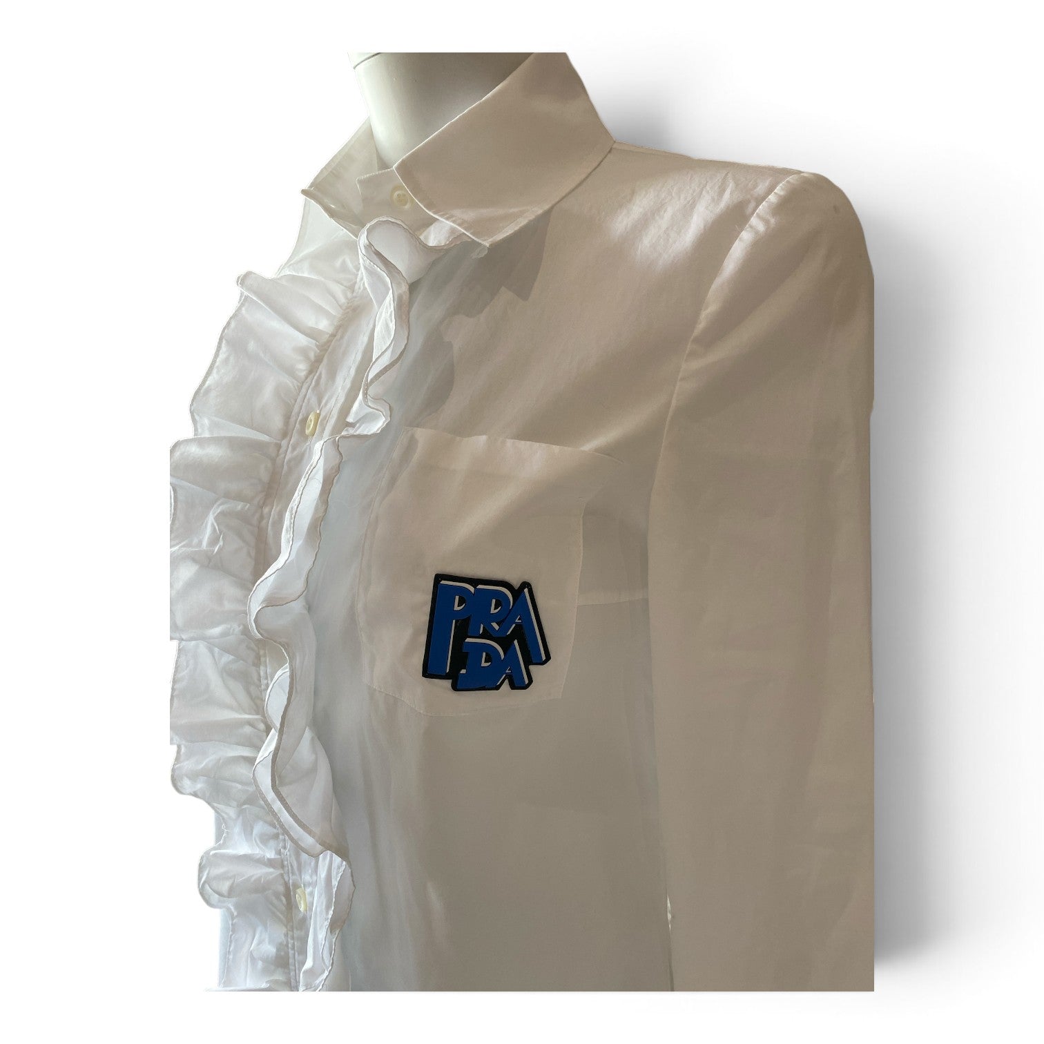 Prada Contrast-Ruffle Cotton Button-Down Shirt – White – Size 38