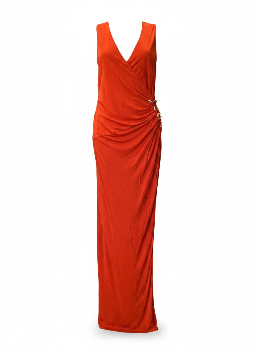 Roberto Cavalli Draped Snake Detail Maxi Dress – Burnt Orange – Size IT 48