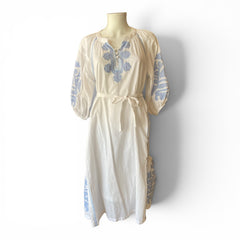 Rose & Rose Embroidered Linen Dress with Belt – White & Blue – Size M