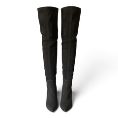 Saint Laurent Niki Black Suede Knee-High Boots with Sculpted Cone Heel – Size 38.5