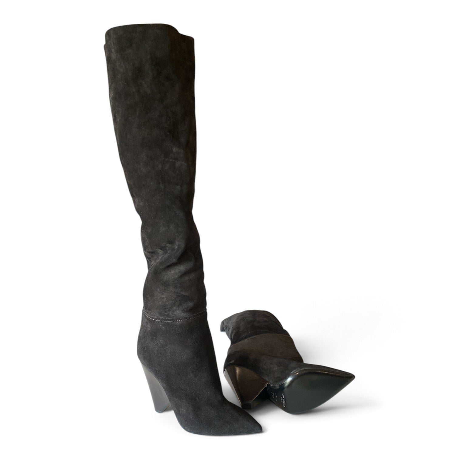 Saint Laurent Niki Black Suede Knee-High Boots with Sculpted Cone Heel – Size 38.5