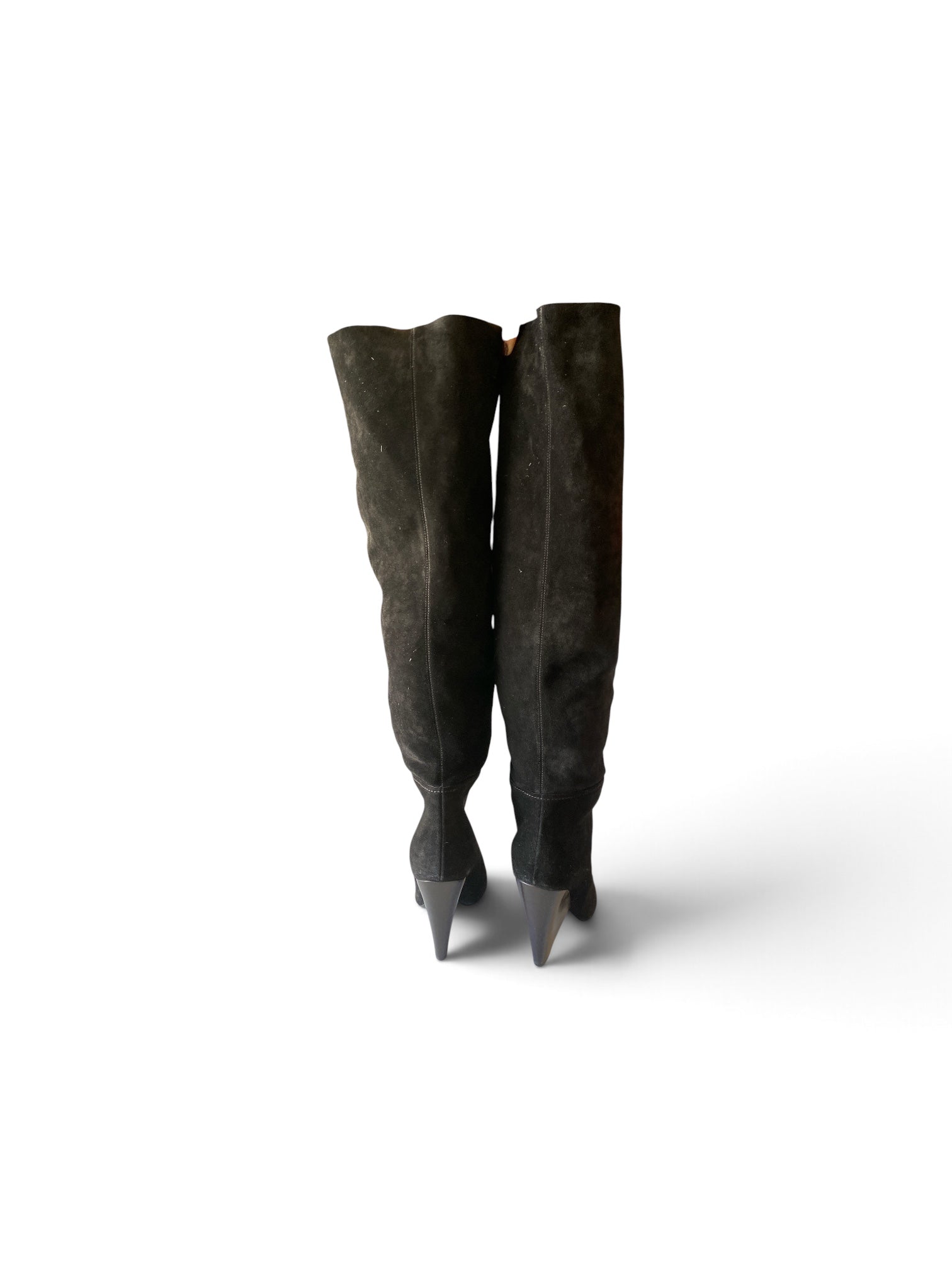Saint Laurent Niki Black Suede Knee-High Boots with Sculpted Cone Heel – Size 38.5