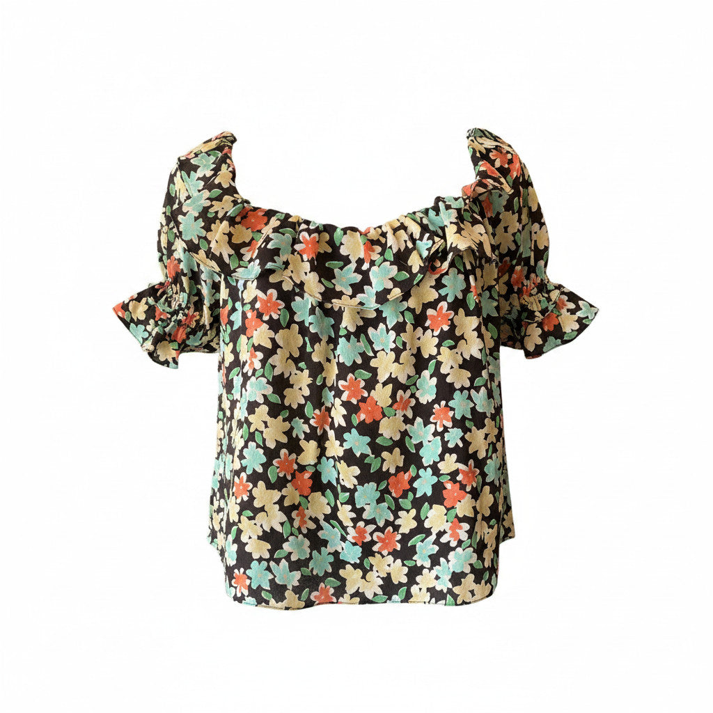 Saint Laurent Floral Silk Ruffle Blouse Black Multicolor – Size 38