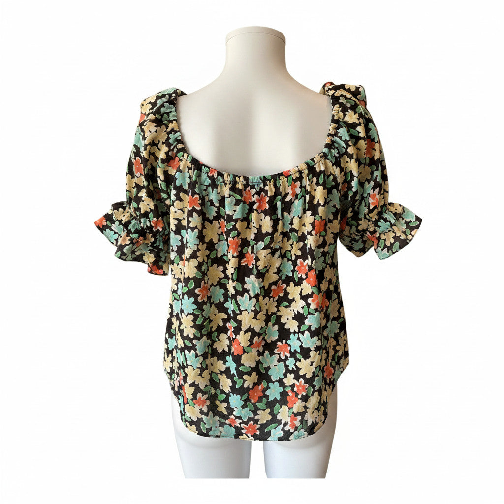 Saint Laurent Floral Silk Ruffle Blouse Black Multicolor – Size 38