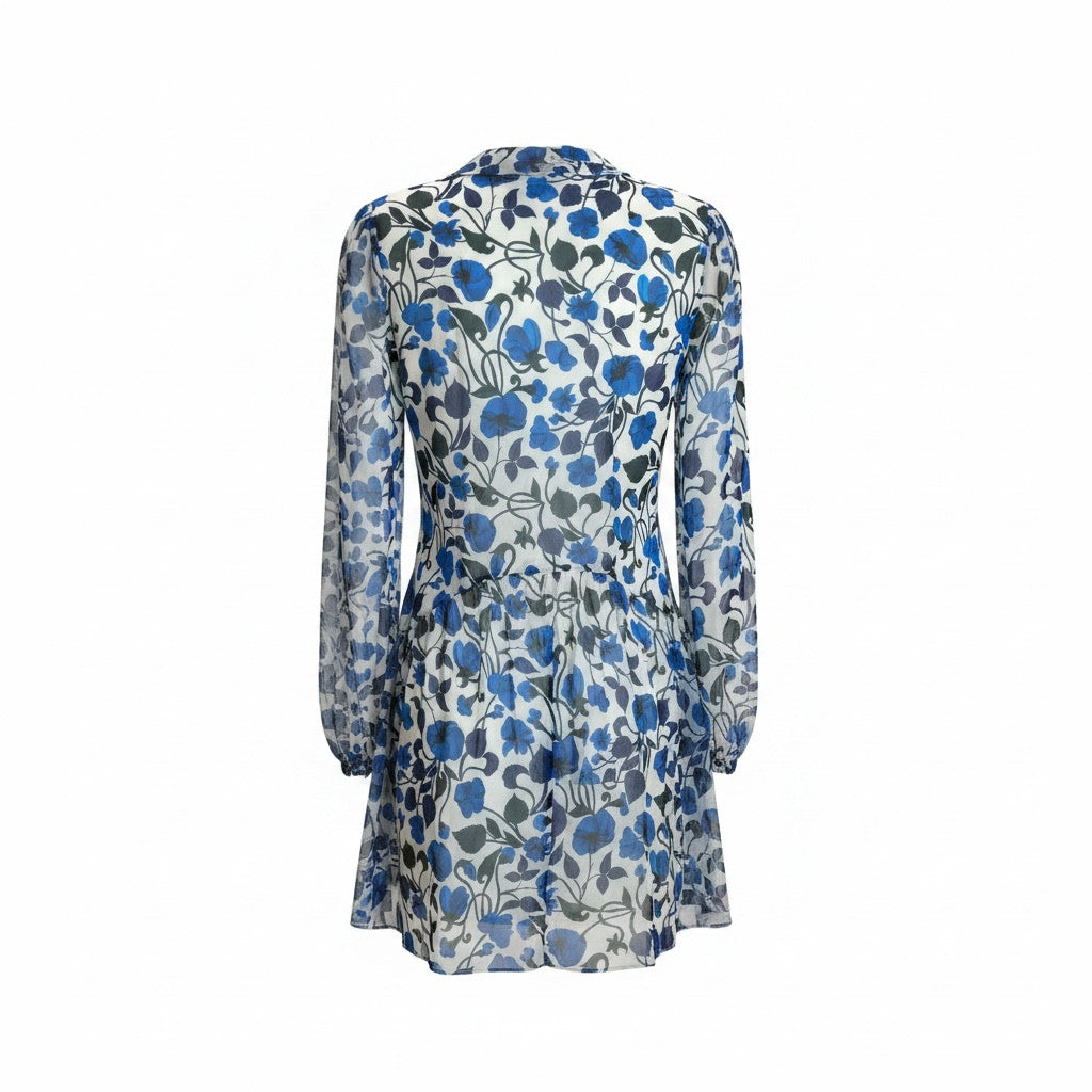 Saloni Tilly Blue Floral Silk Mini Dress with Sheer Overlay – Size US 4