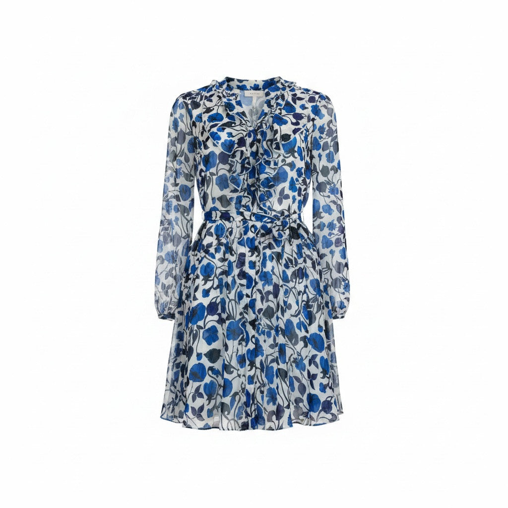 Saloni Tilly Blue Floral Silk Mini Dress with Sheer Overlay – Size US 4