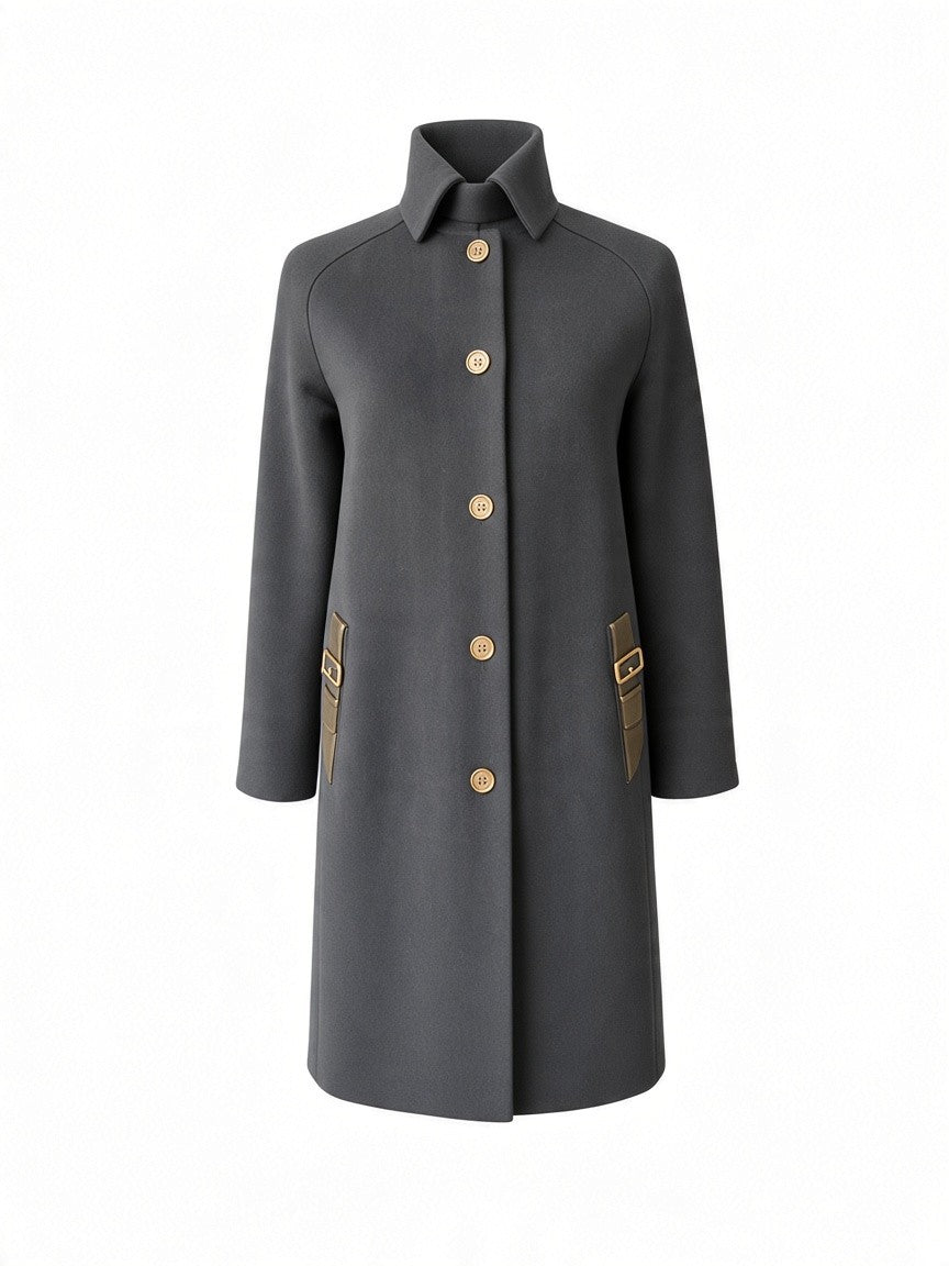 Salvatore Ferragamo Navy Blue Wool Coat with Leather Trim – Size XS