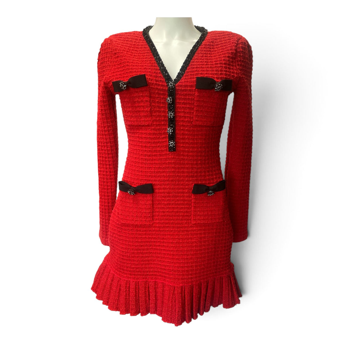 Self-Portrait Bow-Detailed Knit Mini Dress – Red & Black – Size Medium
