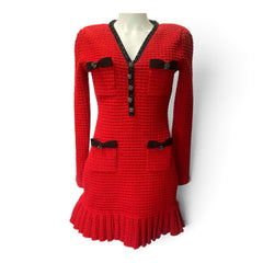 Self-Portrait Bow-Detailed Knit Mini Dress – Red & Black – Size Medium