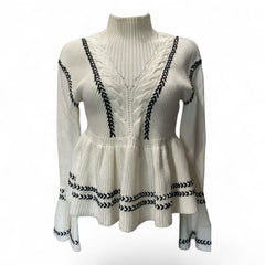 Self-Portrait Whipstitched Peplum Jumper – White & Black – Size Medium