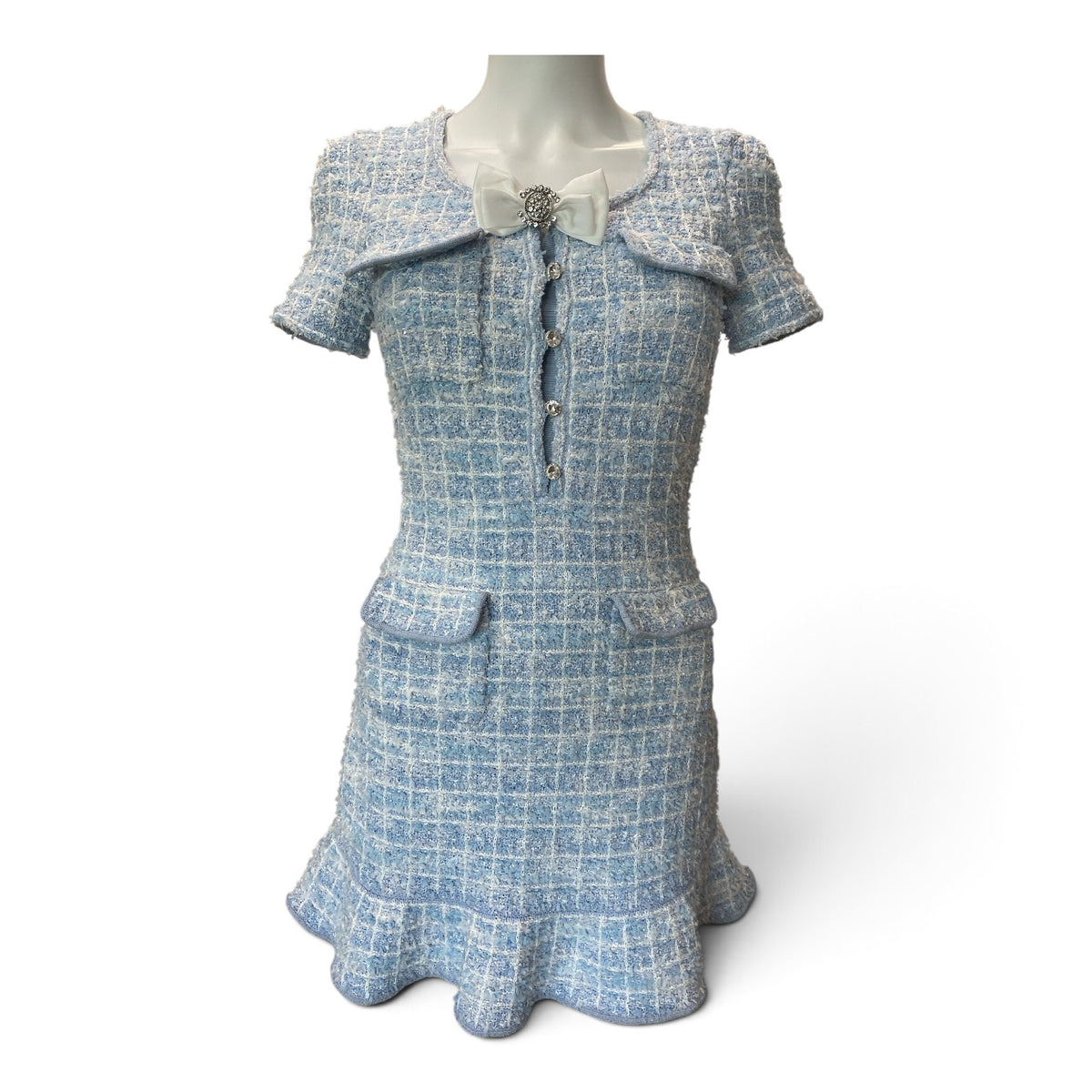 Self-Portrait Light Blue Tweed Bow Mini Dress – Size Small
