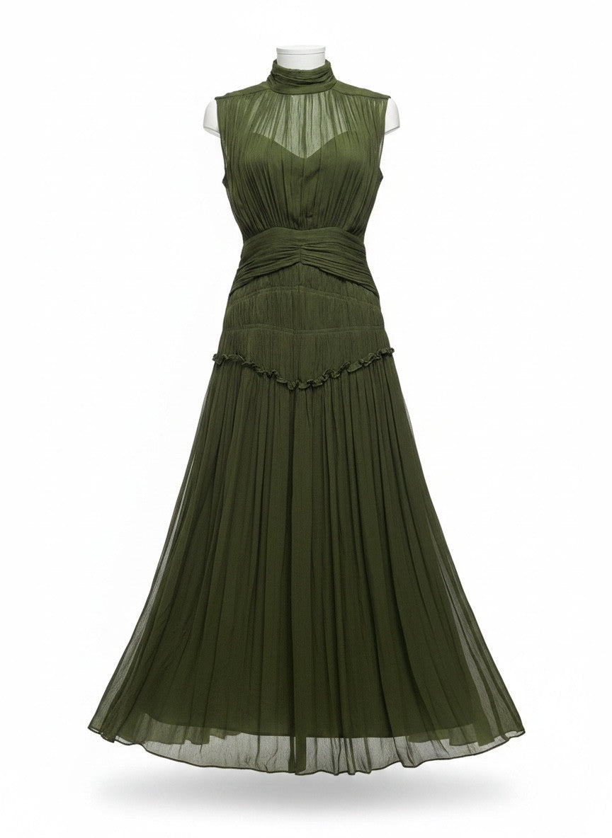 Shona Joy Olive Green Pleated Maxi Dress - Size US 4