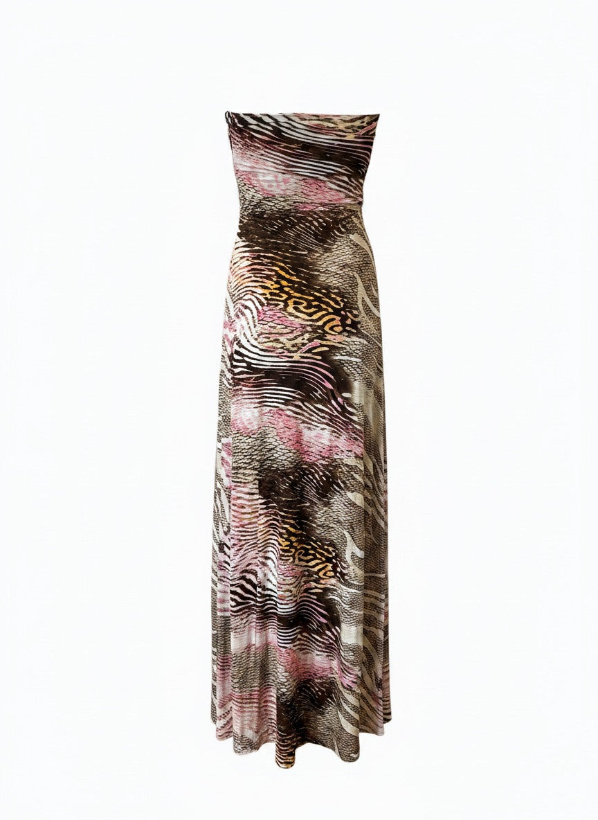Sky Animal Print Strapless Maxi Dress – Pink Brown & Ivory Bohemian Glamour Dress – Size Small