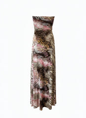 Sky Animal Print Strapless Maxi Dress – Pink Brown & Ivory Bohemian Glamour Dress – Size Small