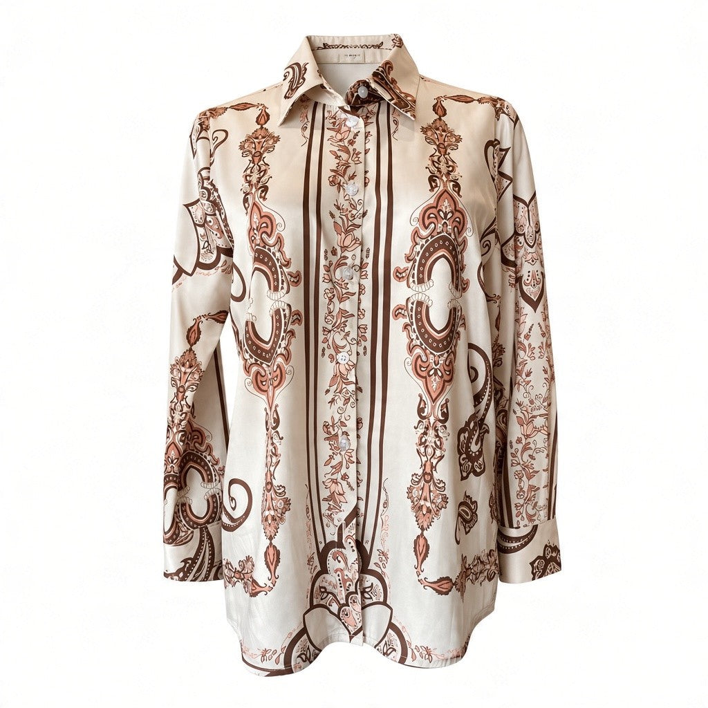 Twenty 29 Beige & Brown Ornate Print Long-Sleeve Blouse – Size S
