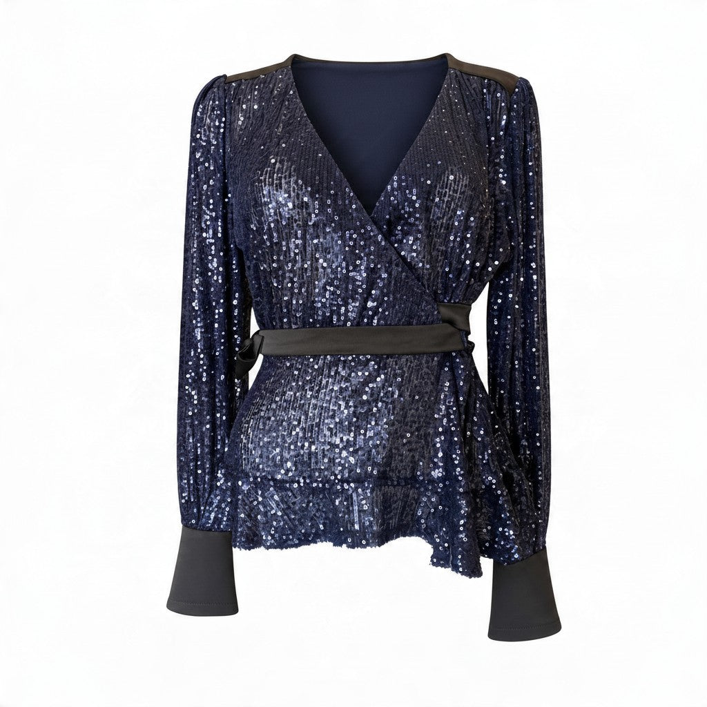 Twenty 29 Navy Blue Sequin Wrap Blouse – Size S
