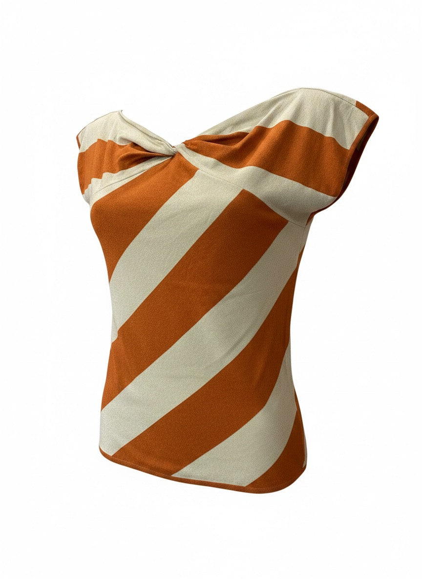Valentino Garavani Ecru and Orange Striped Twisted Neckline Top