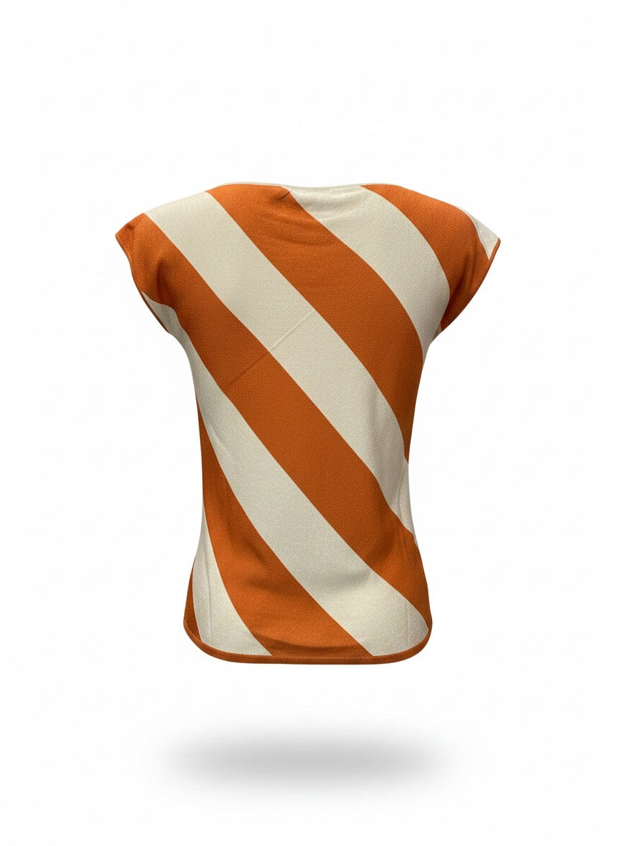 Valentino Garavani Ecru and Orange Striped Twisted Neckline Top