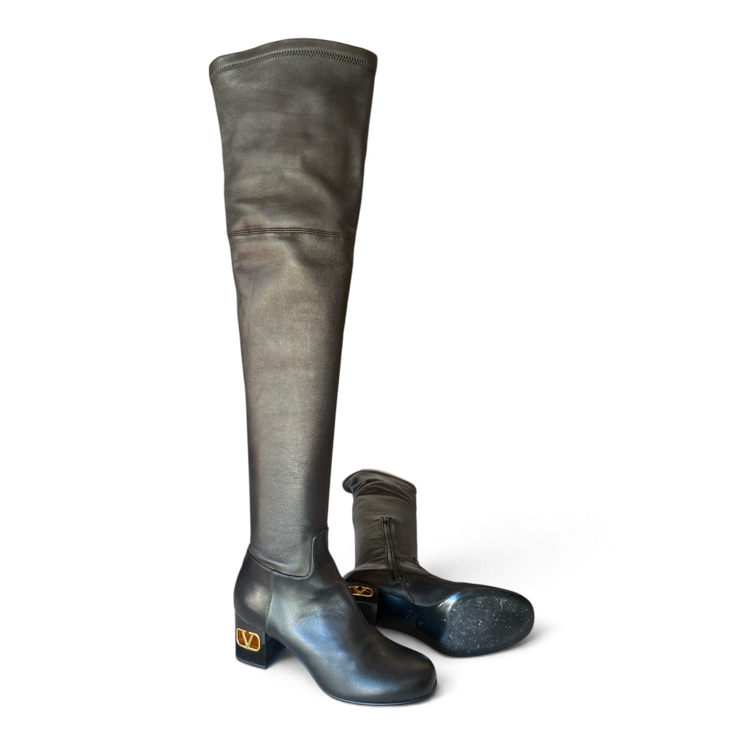 Valentino Garavani Black Leather Over-the-Knee Boots with VLogo Heel – Size 38