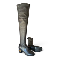 Valentino Garavani Black Leather Over-the-Knee Boots with VLogo Heel – Size 38