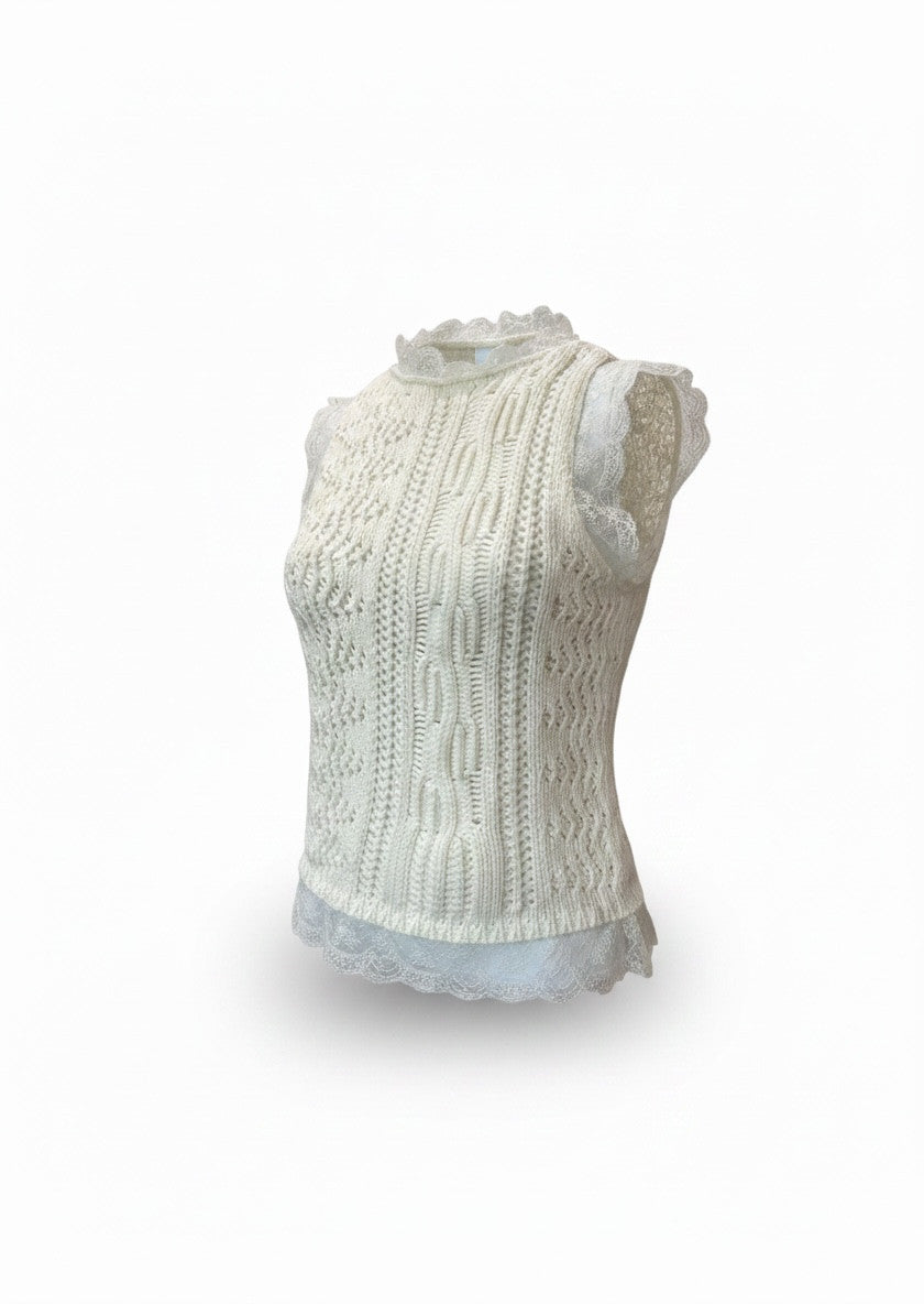 Valentino White Cable Knit Lace Trim Sleeveless Top – Luxury Knitwear Sweater Vest