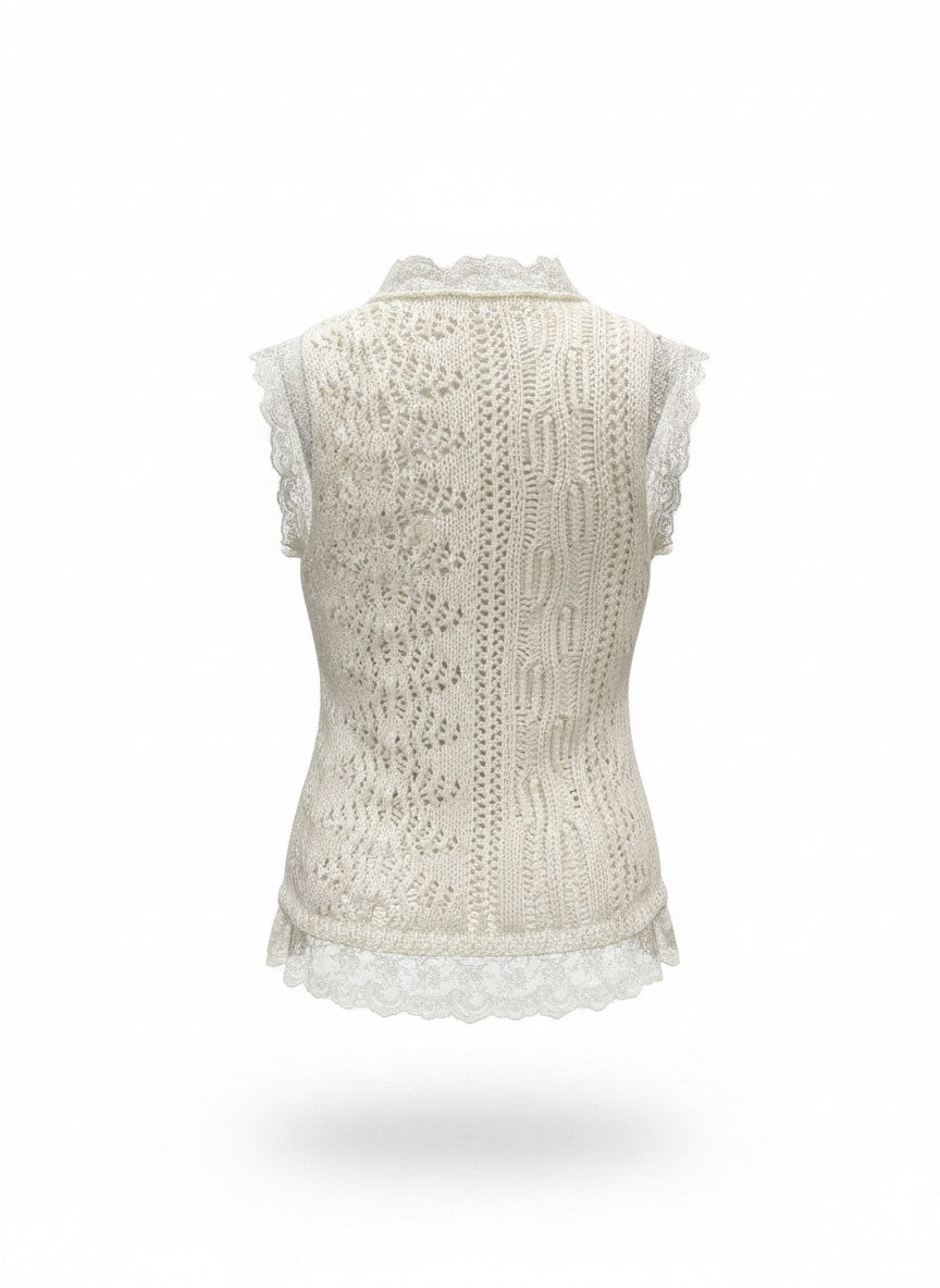 Valentino White Cable Knit Lace Trim Sleeveless Top – Luxury Knitwear Sweater Vest