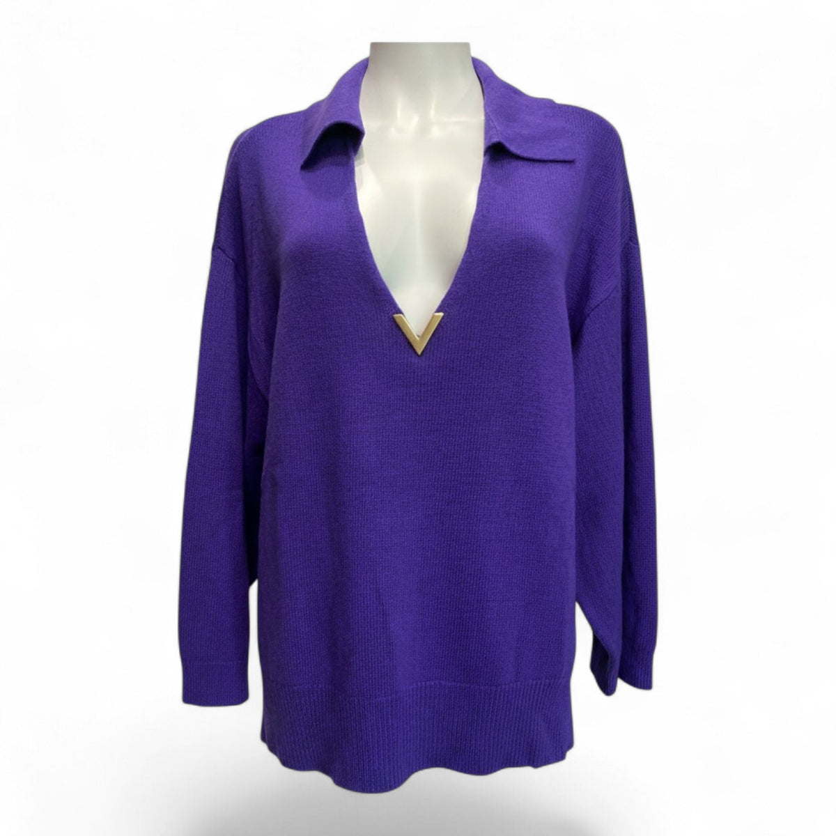 Valentino V-Neck Sweater with Gold V Appliqué – Purple – Size Large