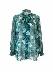 Vassia Kostara Floral Green Silk Blouse with Bow – One Size