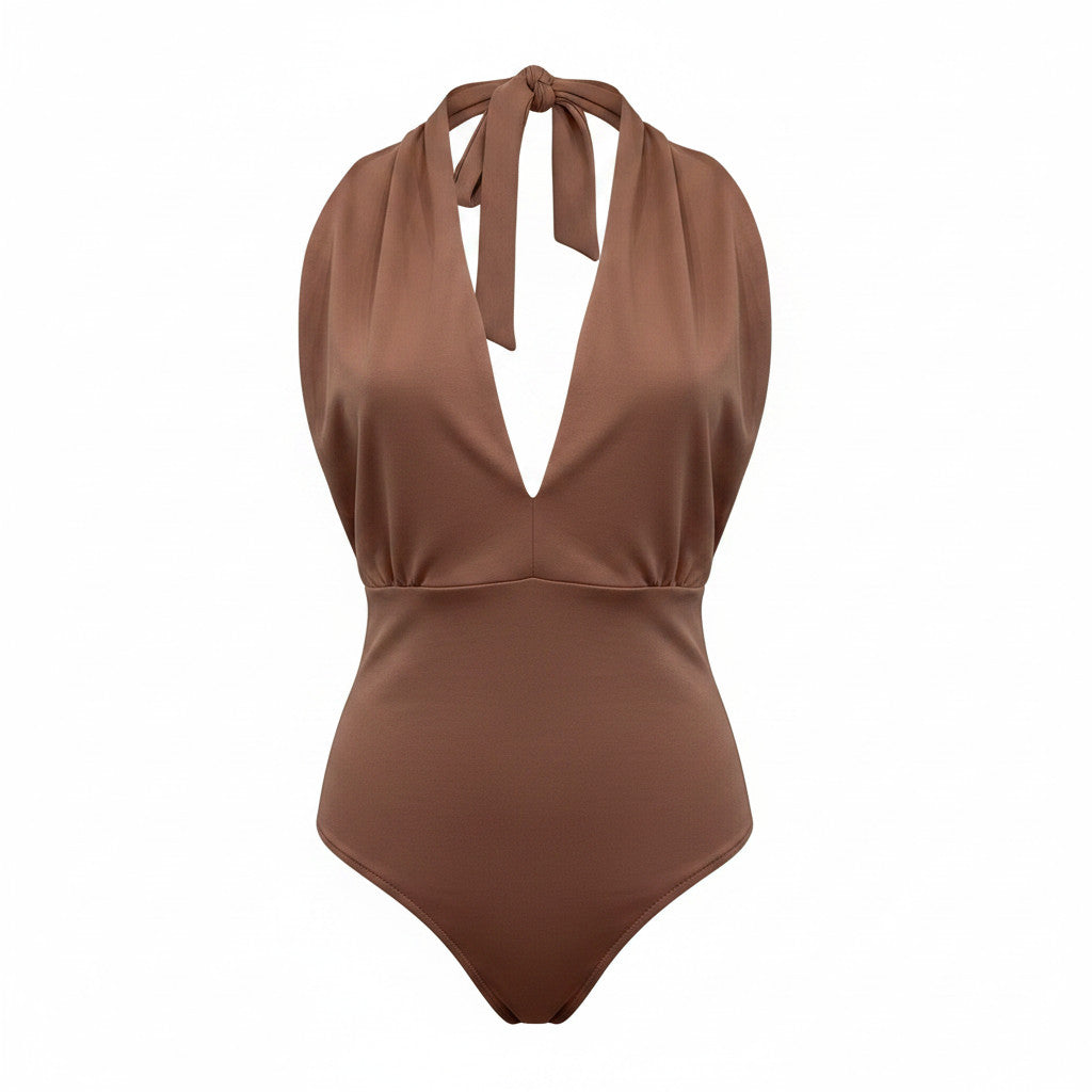 Vassia Kostara Halter Bodysuit Brown Minimalist Deep Neck - Size Medium