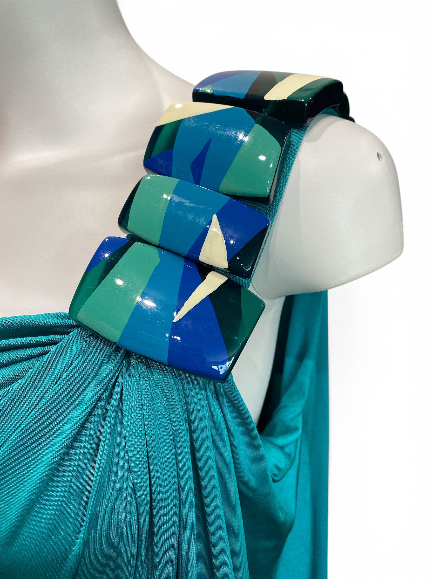 Veloudakis One-Shoulder Draped Dress –  Green/Blue – Size 42