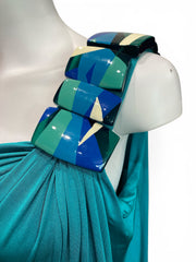 Veloudakis One-Shoulder Draped Dress –  Green/Blue – Size 42