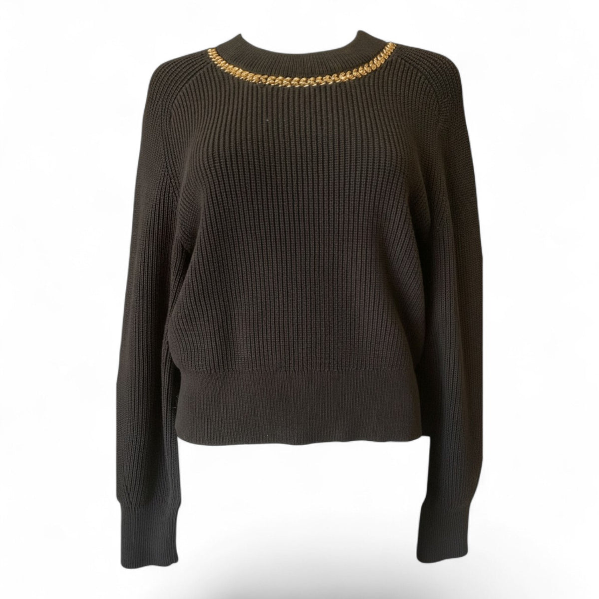 Veronica Beard Wara Ribbed Chain-Trim Sweater – Black – Size Large