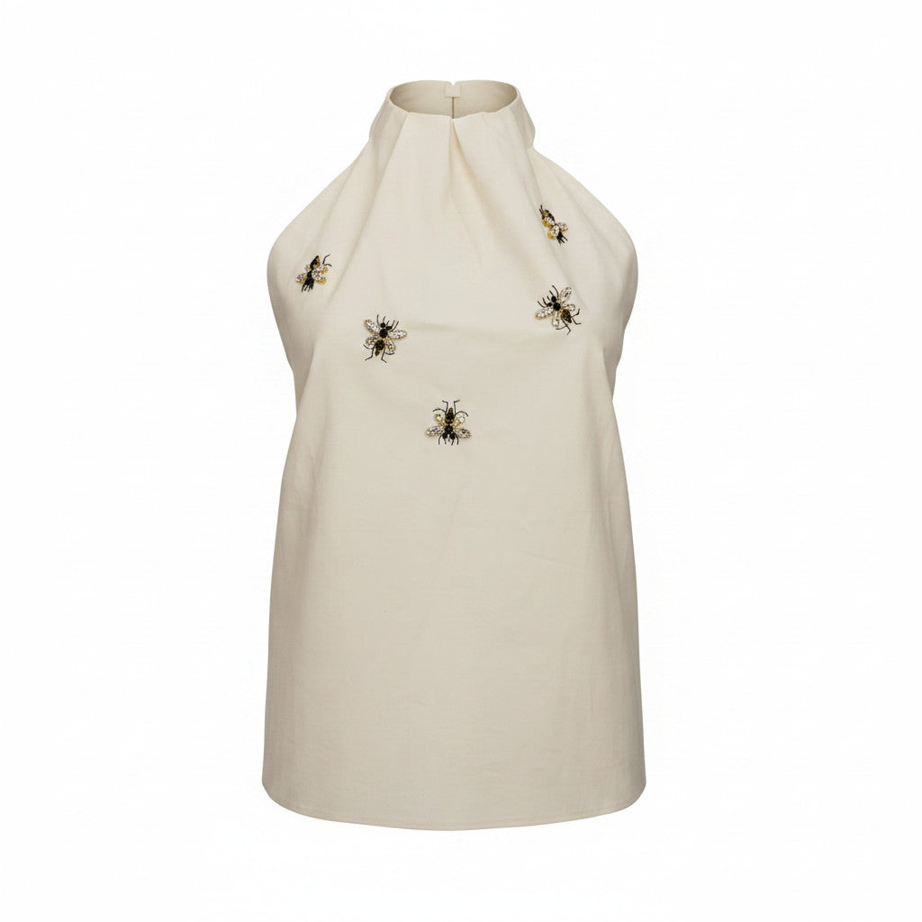 Zeus + Dione Beige Sleeveless Top Crystal Bee Embellished Luxury Designer